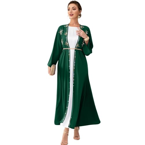 Muslim Abaya Long Sleeve Open Front Rhinestones Kaftan Cardigan Maxi Dress for Women with Belt - color: Dark Green Cardigan, size: X-Large