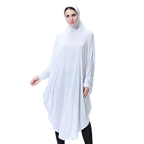 Muslim Abaya Dress for Women Highly Stretchy Batwing Hooded Prayer Hijab - color: White, size: X-Large
