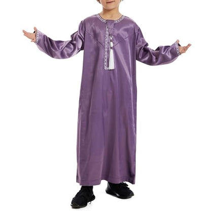 Boys Muslim Clothing Kids Prayer Outfits Long Sleeve Eid Dresses Embroidered Thobe Solid Color Crewneck Arabic Abaya - color: Purple, size: 7-8 Years