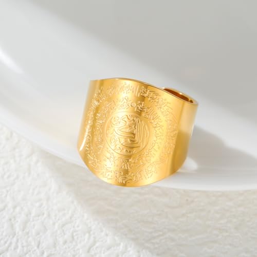 Dreamtimes Islamic Ayatul Kursi Ring for Women Men Muslim Quran Allah Rings Ayatul Kursi Arabic Calligraphy Adjustable Open Ring for Men Islam Eid Ramadan Gifts - style: Gold-1