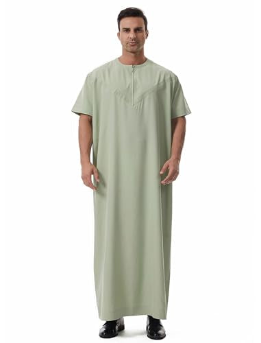 Muslim Men Abaya Short Sleeve Kaftan Islamic Arab Robe Men Dishdasha Zipper Robe Ethnic Clothes Dubai Travel Thobe - color: Green, size: X-Large