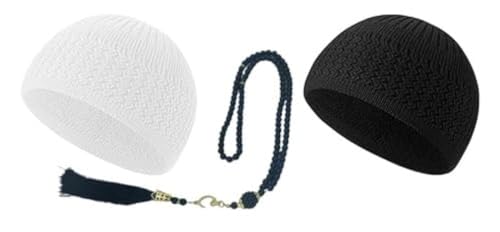Namaz Cotton Topi, Knit Kufi Hat Skull Caps for Men Women Muslim Breathable Ramadan Beanie, Tasbih 100 Prayer Beads