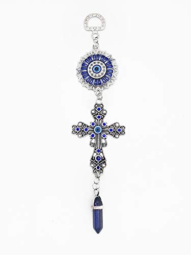 LUCKBOOSTIUM Blue Crystal Cross & Mandala Evil Eye Amulet with Hanging Stone - Car & Home Charm Ornament for Energy, Rebirth, Growth, Protection, Rearview Mirror Accessory (2"x8", Blue Sandstone) - color: Blue Sandstone