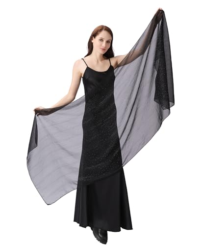 Women's Sheer Chiffon Shawl Wrap Scarf With Silver Thread,Lightweight Sparkling Rhinestone Versatile Hijab Stole - color: Black