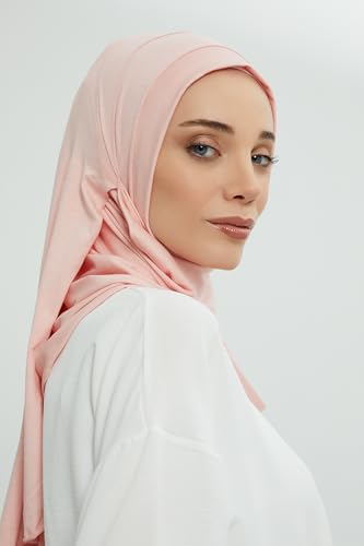 Aisha's Design Jersey Shawl for Women Instant 95% Cotton Modesty Turban Cap Hat Head Wrap Cotton Scarf - color: Powder