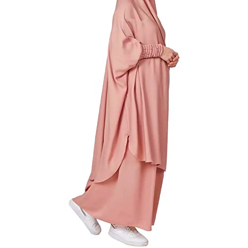 FPOVFPO Womens Muslim Solid Abaya 2 Piece Prayer Dress with Hijab Islamic Maxi Kaftan Dubai Ramadan Full Length Dress - color: Pink