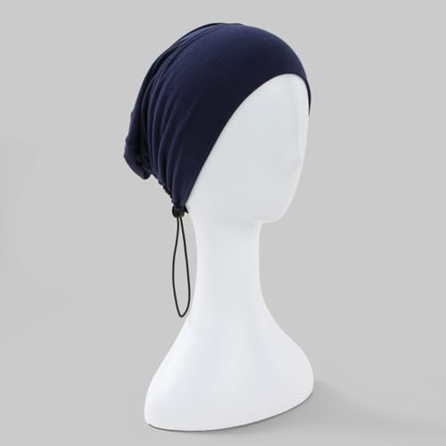 Women's Adjustable Elastic Drawstring Hijab Undercap, Soft Stretchy Jersey Underscarf Hijab Liner Hat - color: Navy