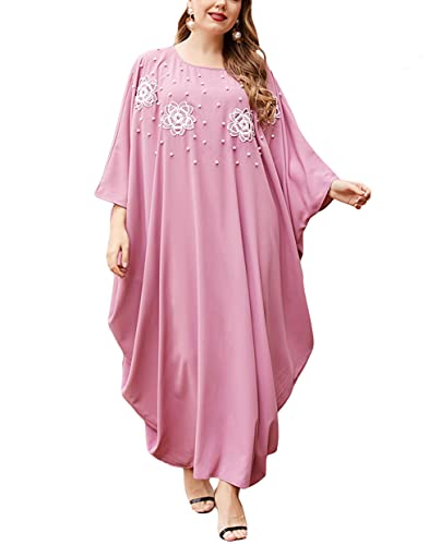 Qianliniuinc Women Muslim Maxi Dress Abaya - Lady Long Sleeve Maxi Dress Dubai Gown Jalabiya One Size - color: Pink C