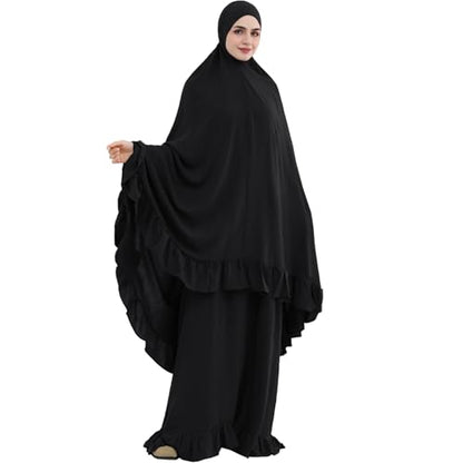 2PCS Abayas for Women Muslim Dress Ruffled Hem Modest Prayer Robe Full Coverage Modest Jilbab Set - color: Black, size: Large