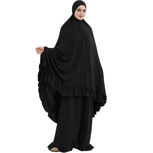 2PCS Abayas for Women Muslim Dress Ruffled Hem Modest Prayer Robe Full Coverage Modest Jilbab Set - color: Black, size: Large