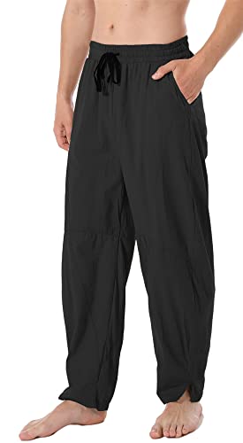 perdontoo Men's Linen Cotton Loose Fit Casual Lightweight Elastic Waist Summer Beach Pants - color: Black, size: Small
