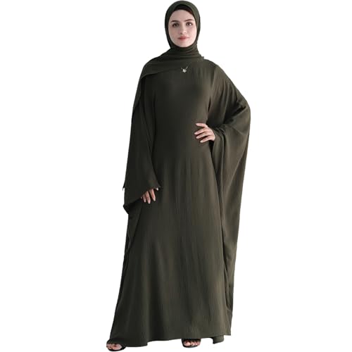 Muslim Abaya Dress Women Middle East Arabian Prayer Robe Batwing Maxi Kaftan Abaya Dress with Hijab - color: Army Green