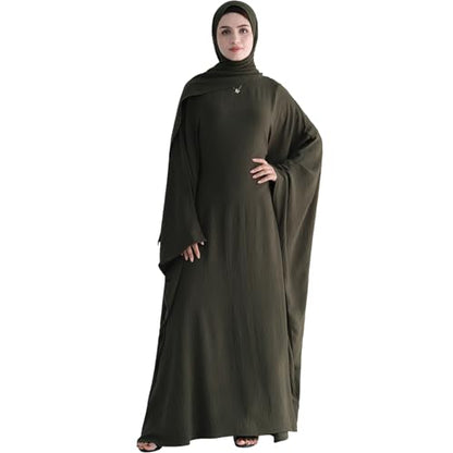 Muslim Abaya Dress Women Middle East Arabian Prayer Robe Batwing Maxi Kaftan Abaya Dress with Hijab - color: Army Green