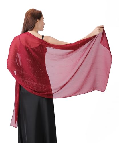 Women's Sheer Chiffon Shawl Wrap Scarf With Silver Thread,Lightweight Sparkling Rhinestone Versatile Hijab Stole - color: Wine Red