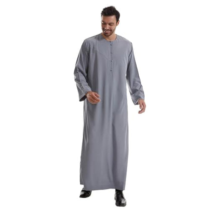 IWEMEK Men Muslim Thobe Long Sleeve Kaftan Robe with Pockets Saudi Arabic Thobe Ramadan Middle East Dubai Islamic Abaya Dress - color: Grey, size: Small