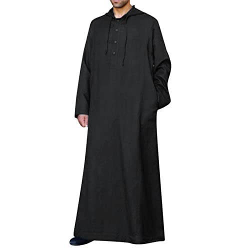 Mens Kaftan Cotton Linen Hooded Long Sleeve Thobe Solid Color Side Pockets Loose Breathable Lightweight Tunic Jubba - color: 01#_black, size: Small