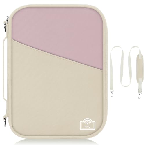 Family Passport Holder for Travel with RFID Blocking, Traveling Essentials Organizer Pouch Bag, Light Passport Wallet for Travel Must Haves Accessories for Women Men - color: Beige+Pink, size: Large