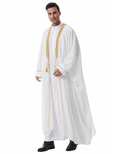 OBEEII Men Muslim Thobe Open Front Chiffon Ramadan Abaya Cardigan Dubai Saudi Embroidery Eid Islamic Clothes Prayer Kaftan - color: White, size: X-Large