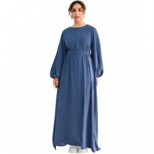 Muslim Women Abaya Dress Breathable Front Zipper&Pockets&Belt Prayer Robe - color: Blue, size: X-Large