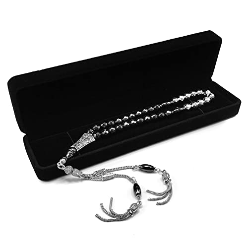 Design-Long & Stylist Tassels Collection Worry Beads-Prayer Beads-Tesbih-Tasbih-Tasbeeh-Misbaha-Subha-Sebha-Sibha-Rosary (Black and Silver Plated Hematite 8 mm 33 Beads & Bracelet) - color: -Faceted Black and Silver Plated Hematite 8 mm 33 Beads & Bracele