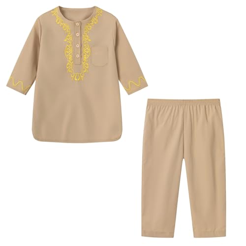 Boys Muslim Thobe Islamic Clothing Kids Muslim Prayer Clothes for Boys Eid Outfit Toddler Kaftan Ramadan Shirt Pants - color: Khaki, size: 18-30 Months