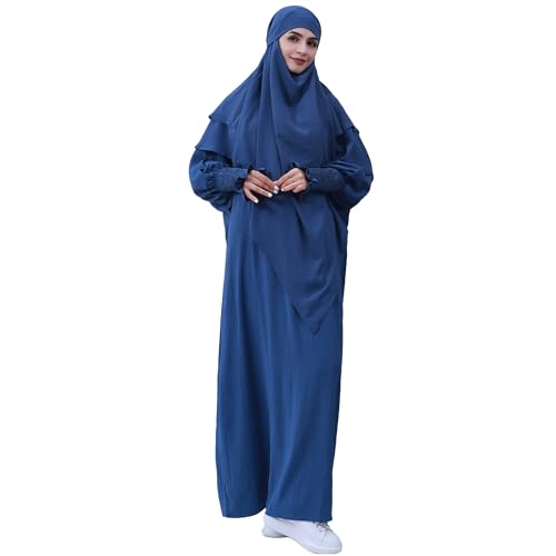 khalat Womens Muslim Prayer Dress Front Zipper Kaftan Islamic Robe Modest Solid Abayas for Women Muslim - color: Foggy Blue+hijab