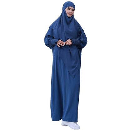 khalat Womens Muslim Prayer Dress Front Zipper Kaftan Islamic Robe Modest Solid Abayas for Women Muslim - color: Foggy Blue+hijab