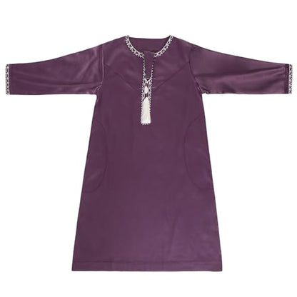 Boys Muslim Clothing Kids Prayer Outfits Long Sleeve Eid Dresses Embroidered Thobe Solid Color Crewneck Arabic Abaya - color: Purple, size: 5-6X