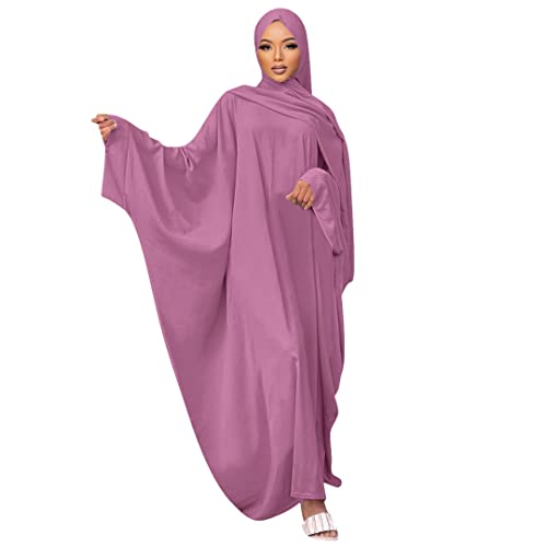 Muslim Dress for Women Pakistani Kaftan Abaya Robe + Hijab Arabic Islamic Prayer Clothes Dubai Outfits - color: Dark Pink Set