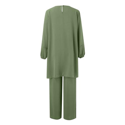 Muslim Outfits For Women 2 Piece Sets Long Sleeve Loose Tops Wide Leg Pants Suits Plus Size Outfit Prayer Clothes - color: Green, size: X-Large