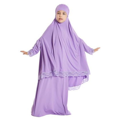 IBTOM CASTLE Little Girls Muslim Prayer Dress Abaya Long Sleeve Full Cover Lace Hijab Kaftan Dubai Islamic Modest Eid Jilbab - color: Purple, size: 4-5T