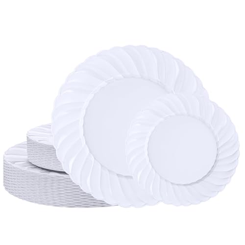 U-QE 60 Pcs White Plastic Plates for Party – Scalloped Plastic Plates - color: White