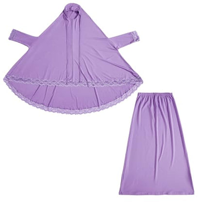 IBTOM CASTLE Little Girls Muslim Prayer Dress Abaya Long Sleeve Full Cover Lace Hijab Kaftan Dubai Islamic Modest Eid Jilbab - color: Purple, size: 6-7 Years
