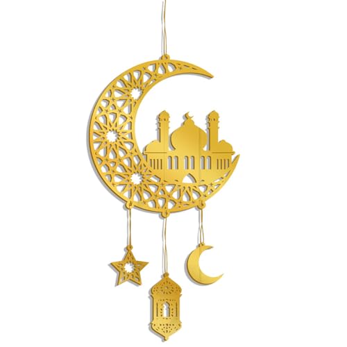 FUNCATCHER Ramadan Decorations for Home - 8.5x8.5 Inch Golden Acrylic Crescent Moon Hanging Ornaments, Islamic Eid Wall Door Decor (1, C)