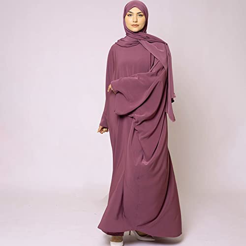 Muslim Dresses for Women, Long Sleeve Eid Islamic Prayer Jilbab Khimar Cardi Robe Middle East Maxi Abaya Dress - color: Pirk Purple&hijab