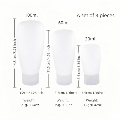 Chinshwehaw Portable Travel Bottles Set, Silicone Squeeze Containers, White, 3-Pack (30ml, 60ml, 100ml), Leakproof, Wide Mouth Design, BPA-Free, TSA Approved for Toiletries, Shampoo, Lotion (White)