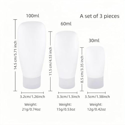 Chinshwehaw Portable Travel Bottles Set, Silicone Squeeze Containers, White, 3-Pack (30ml, 60ml, 100ml), Leakproof, Wide Mouth Design, BPA-Free, TSA Approved for Toiletries, Shampoo, Lotion (White)