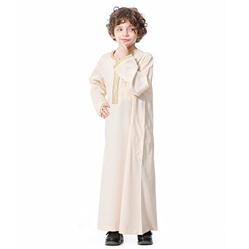 ODIZLI Arabic Thobe Muslim Thobe Long Sleeve Kaftan Crew Collar Robe with Zipper for Boy - color: Beige, size: 5-6 years