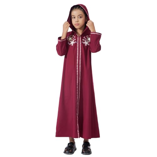 Kids Girls Abaya Muslim Eid Dress Gold Embroidered Lace Hooded Maxi Kaftan Robe Islamic Dubai Prayer Clothes - color: B-red, size: 12 Years