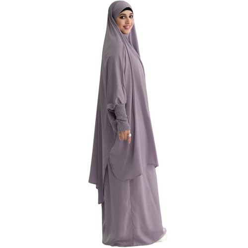 Muslim Women Abaya Two Pieces Set Prayer Dress Elasticated Sleeves Islamic Robe Modest Full Cover Prayer Clothes - color: Light Gray