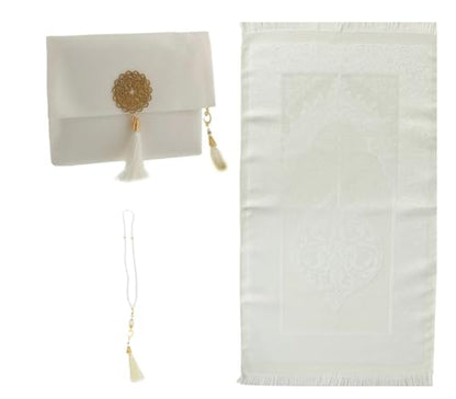 Prien Muslim Prayer Rug with Tasbih and Portable Bag, Muslim Gift for Women Men, Mubarak Islamic Box, Soft Mat Islam Gifts Set, Turkish Sajadah for Ramadan, Eid, Hajj, Travel, Pray (Cream) - color: Cream