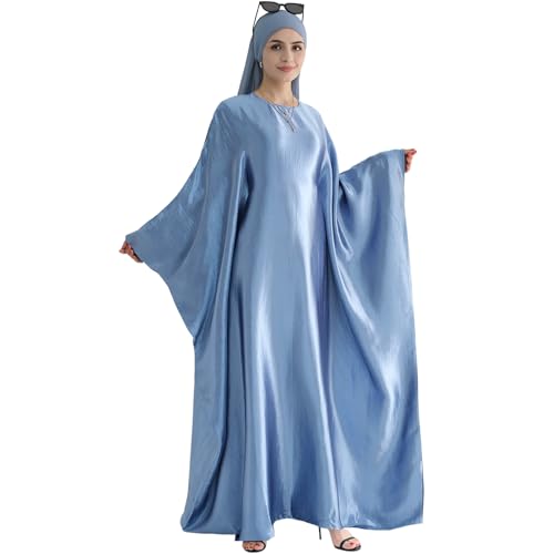 Abaya Muslim Dress Women Satin Prayer Dress Batwing Long Sleeve Middle East Arabian Robe with Hijab - color: Light Blue, size: Size 1