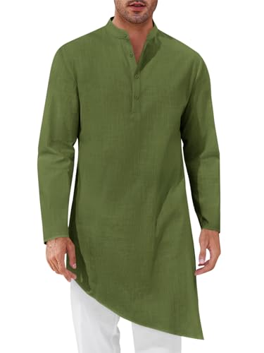 Runcati Mens Kaftan Robe Thobe Cotton Long Sleeve Henley Shirt Casual Muslim Gown Kurta Tops - color: Army Green, size: Large