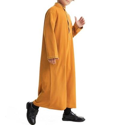 Muslim Thobe for Boys Islamic Thobe Long Sleeve Kaftan Stand Collar Button 𝐑obe Kids Ramadan Eid Outfit Prayer Clothes - color: Yellow, size: 3-4T
