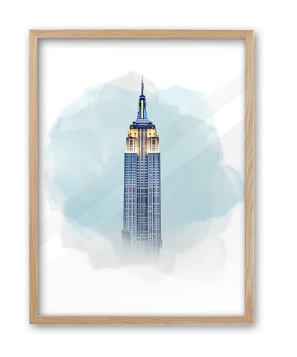 iHery 16x20in Natural OAK Wood Framed New York City Wall Art | Beige and Blue Watercolor NYC Skyline Canvas Print, Modern Abstract City Landmark Decor for Bedroom Living Room, 1Pack - color: OAK Framed New York, size: 20"L x 16"W