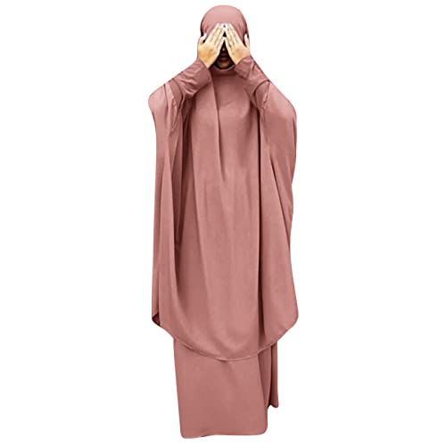 Prayer Clothes for Muslim Women Islamic Abaya Suit Maxi Skirt + Khimar Hijab 2pcss Burka Jilbab Kaftan - color: Pink