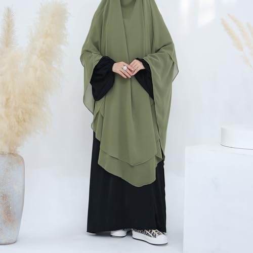 SYANKANGXIAO Ramadan Eid Khimar Abaya Turkey Islam Muslim Chiffon 2 Layers Long Hijab Dress Prayer for Women Full Cover Robe - color: Green