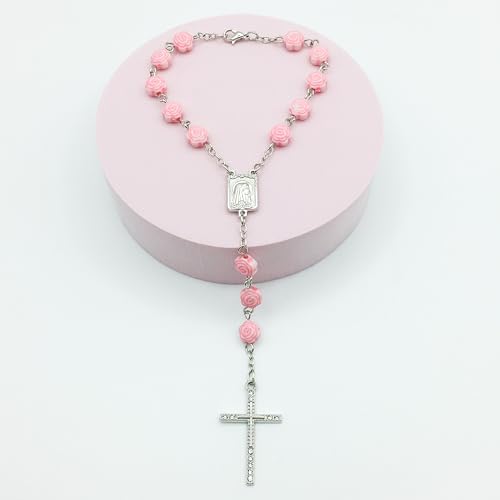 Pink Catholic Car Rosary – 2PCS Hanging Rosary with Rose Beads and Sparkling Rhinestone Cross for Rearview Mirror, Mini Religious Charm for Women, Cute Car Accessories