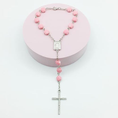 Pink Catholic Car Rosary – 2PCS Hanging Rosary with Rose Beads and Sparkling Rhinestone Cross for Rearview Mirror, Mini Religious Charm for Women, Cute Car Accessories
