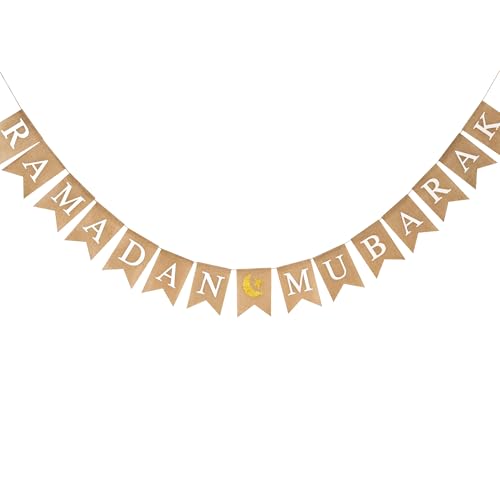 Ramadan Mubarak 배너 삼베 글리터 달과 별 표지판 사전 스트링 라마단 배너 이슬람 이드 장식, 벽난로 장식용 - color: 라마단